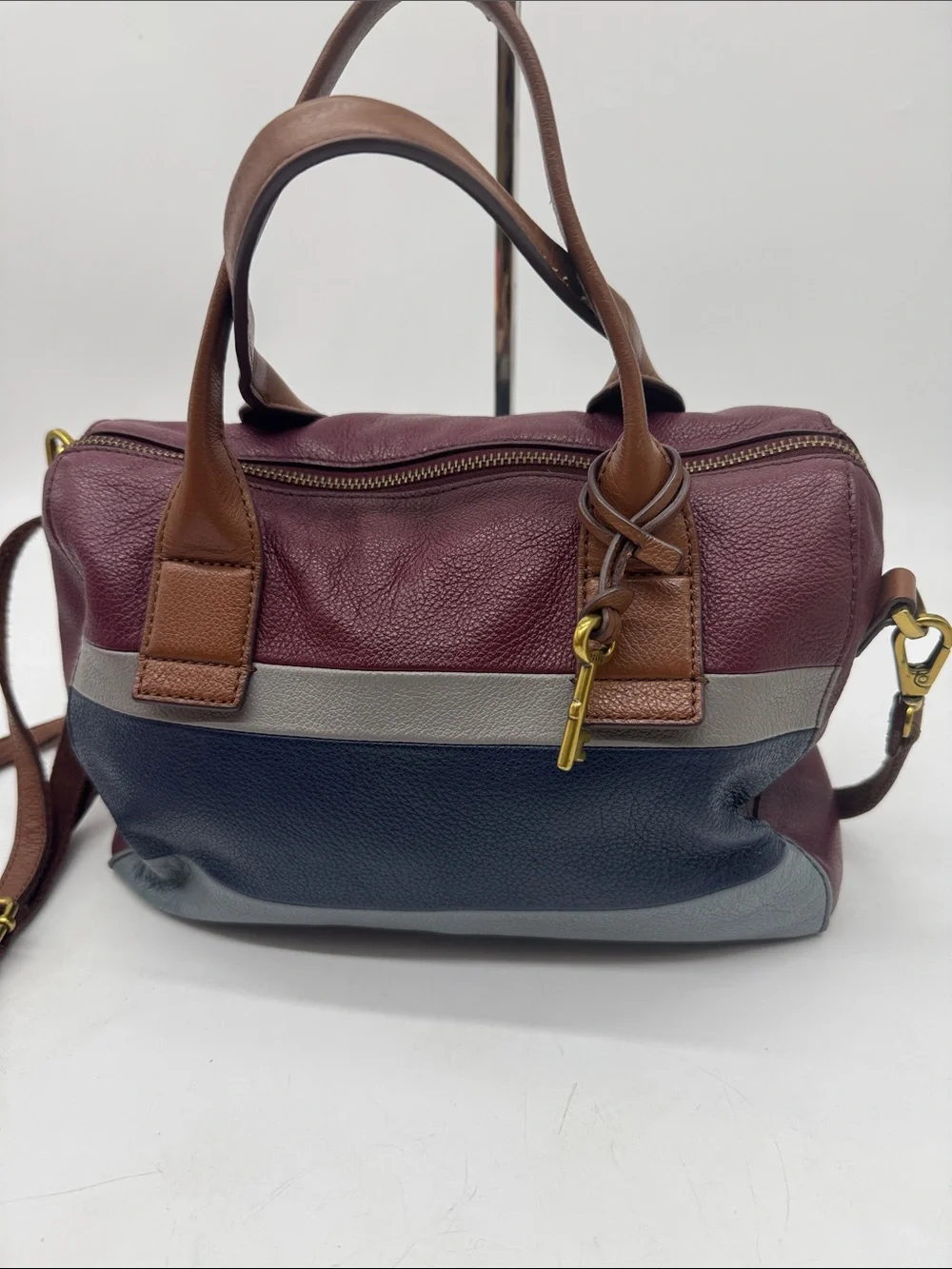 Fossil Leather Colorblock Satchel Bag in Burgundy, Navy & Gray